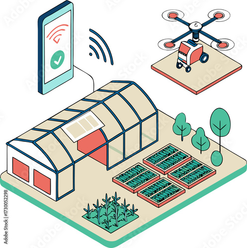 IoT-based smart farm isometric design with drone technology, solar energy water pump, and ecological agriculture diagram.