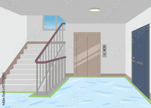 Apartment Building Interior with Stairs, Elevator and Door - Floor Covered for Renovation Work Vector Illustration