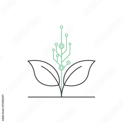 Vector illustration of vector art of minimalist line art illustration of a plant with circuit board elements, symbolizing technology and nature concept for innovation and sustainability