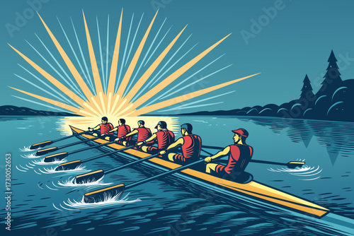 Elegant Rowing Team Glowing Canoe Bold Water Premium Digital Asset