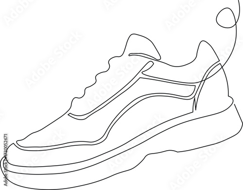 Casual Sneaker Shoe Outline in One Line Art Style, Minimalist black linear footwear drawing isolated modern icon illustration on white background for sport streetwear  and fashion projects