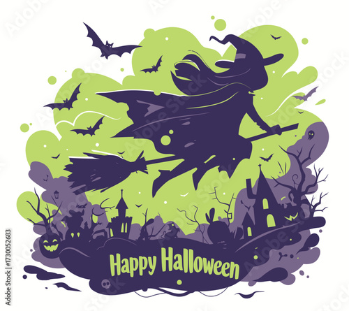 A witch rides her broomstick across a moonlit sky filled with bats. Below, a haunted village adorned with pumpkins awaits the Halloween festivity.