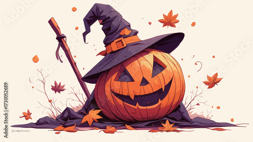 A cheerful pumpkin wearing a witch hat sits on a dark cloth, surrounded by falling autumn leaves. This scene captures the spirit of Halloween and autumn festivities.