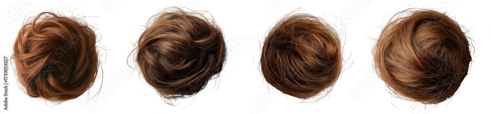 Naklejka premium Four brown hairball isolated on transparent background the hairballs are arranged in a row and are all slightly different shapes and sizes, but they are all brown