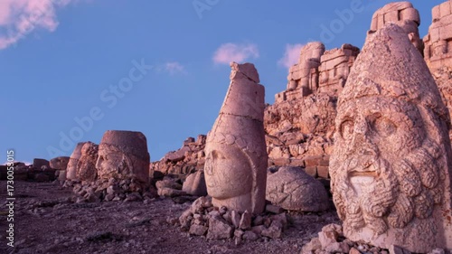 Antique ruined statues on Nemrut mountain in Turkey. Ruins at the top of Mount Nemrut. Destroyed ancient statues in the Taurus Mountains. Ancient stone heads on top of Mount Nemrut. Eastern Anatolia