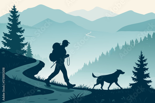 Silhouette Hiker With Dog Trail Bold Adven Creative Visual Ideal for Marketing