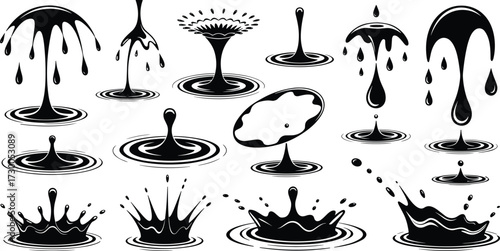 splash silhouette, ripple effect, liquid impact, falling drop, crown splash, abstract design, black and white, fluid motion, surface tension, splash art, droplet 