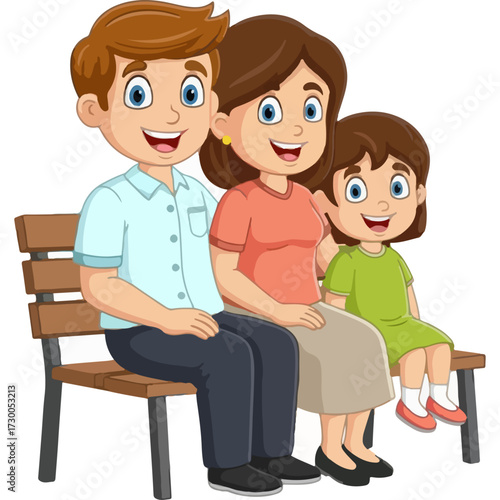 Concept of family unity and bonding. A loving couple and their child sitting close together on a wooden bench, smiling happily. A perfect illustration for a parenting blog or insurance advertisement.