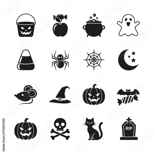 Vector illustration of vector art of halloween icon set, collection of spooky and festive symbols for holiday designs includes pumpkins, ghosts, bats, and other elements