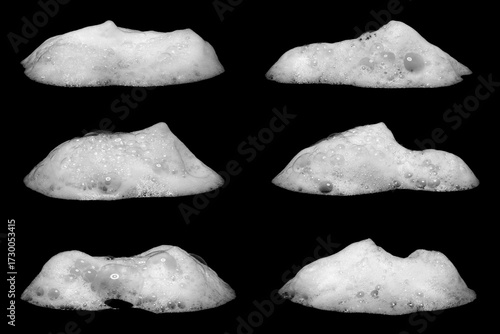 White soap foam bubble isolated on black background, symbol of cleaning, hygiene, freshness, and purity, perfect for design, household products, bath concepts, and advertising campaigns.