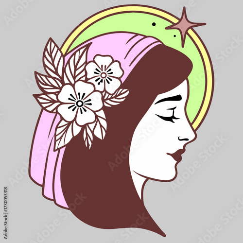 Elegant feminine profile with floral crown, serene expression and celestial halo line art style