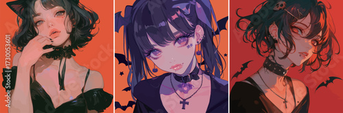 Three colorful portraits showcase characters dressed in playful Halloween attire with unique hairstyles and accessories.