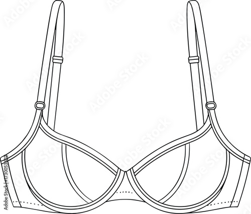 Bra technical flat, lingerie illustration, underwire cup design, adjustable straps, fashion sketch, garment construction, detailed outline, clothing pattern, intimate apparel, support