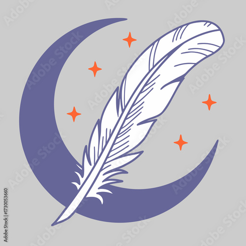 Crescent moon and feather with stars, symbolizing calm, dream, and night magic in minimalist black line art style