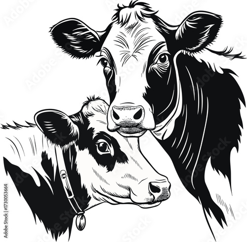 Artistic black and white close up portrait of two dairy cows