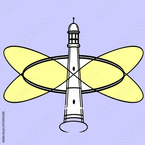 Minimalist lighthouse with orbit rings inside circle, futuristic and clean line art style