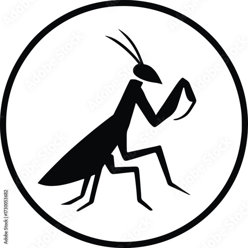 Praying mantis, insect silhouette, circular icon, martial arts symbol, black and white, stylized bug, entomology, kung 