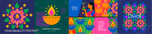 Happy Diwali. Indian Festival of Lights. Vector modern illustration of a diya, mandala, candles, pattern, ornament, and an Indian woman with fire for greeting cards, posters, or invitation, banner