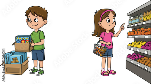Happy kids shopping in grocery store cartoon vector illustration with boy unpacking boxes and girl choosing fruits for healthy lifestyle