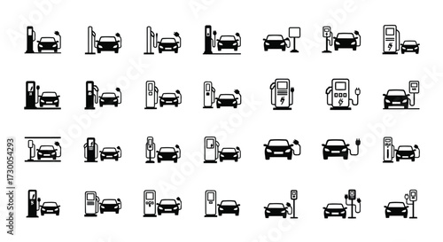 Vector illustration of vector art of electric vehicle charging station icons, a collection of various charging points and electric cars in black and white