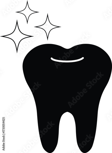Shiny tooth icon black dental symbol with sparkles representing clean and healthy teeth