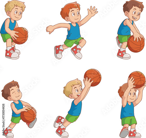 Cartoon boys playing basketball, kids dribbling ball, shooting and passing, sports activity illustration, children exercise, healthy lifestyle, school physical education