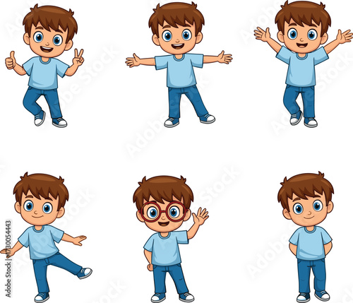 Cartoon boy character with different poses, cute child illustration, happy kid showing emotions, playful expressions, fun children vector design