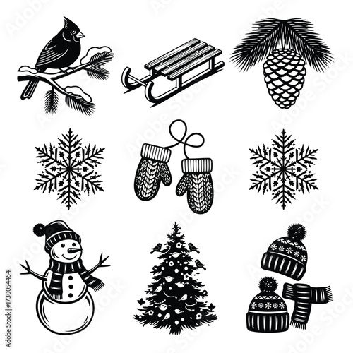 Vector illustration of vector art of winter holiday elements in black and white, includes a cardinal, sled, pinecone, snowflake, mittens, snowman, christmas tree, and winter hat