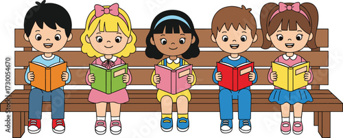 Cartoon children reading books on wooden bench, happy students studying outdoors, diverse kids learning together, cute education illustration, school vector
