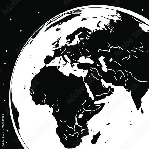 Dramatic black and white globe showing africa europe and asia from space