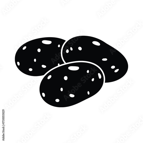 Simple black and white illustration of three potatoes with white speckles