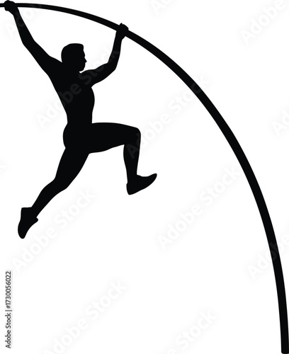 Silhouette of a pole vaulter in mid jump against a white background