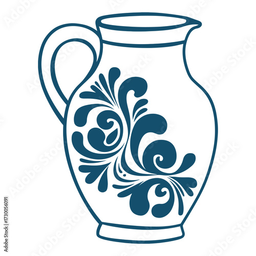 Decorative blue floral pattern on a white ceramic pitcher or jug