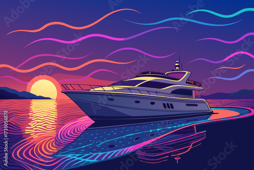 Yacht Sailing With Neon Waves Bold Luxury High-Quality Stock Image Ideal for Marketing