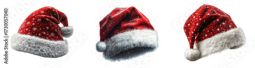 Three santa hats isolated on transparent background, perfect for festive holiday designs, christmas cards, and seasonal promotions, adding a touch of cheer