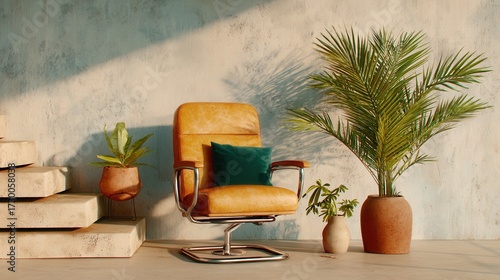 Mid-century modern chair in cozy interior with green plants