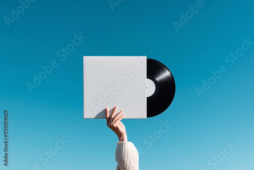 One hand holding the vinyl cover of the music album