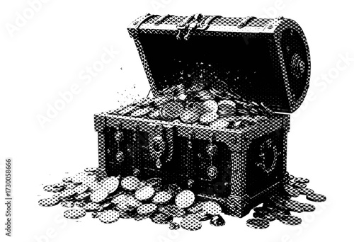An open antique wooden treasure chest brimming with gold coins, jewelry, and pearls is isolated on white.