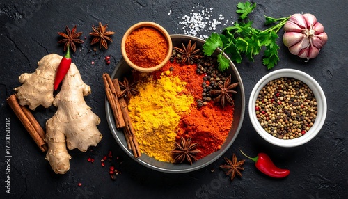 Fototapeta Naklejka Na Ścianę i Meble -  Assorted spices on a dark surface