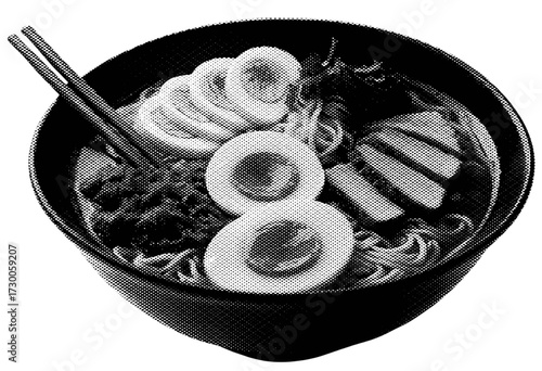 Halftone illustration of ramen bowl with chopsticks, soft-boiled eggs, pork slices, seaweed, and noodles in broth.

