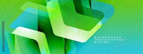 Abstract geometric shapes overlap, creating vibrant green, blue gradients. Modern design suggests technology, innovation, freshness.