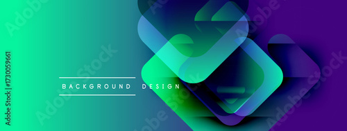 Abstract gradient background features overlapping squares. Vivid turquoise transitions to deep purple. Text reads background design. Modern, dynamic visual.