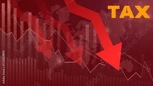 Stock chart that is falling and a magnifying glass that shines on the word TAX, indicating an economic recession, market volatility caused by tax increases, causing companies to have higher costs
