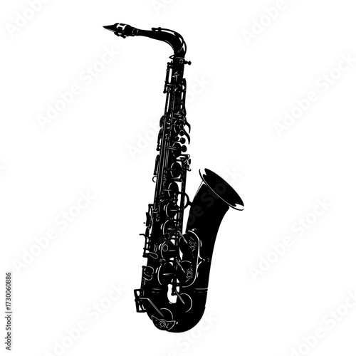 Vector art of a striking black saxophone, its intricate keys and curves hinting at soulful melodies and the vibrant energy of jazz music