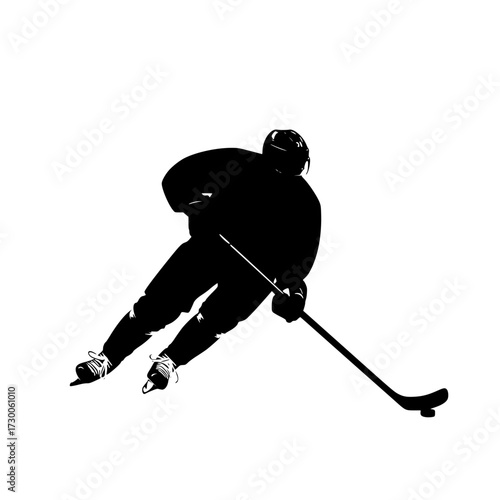 Vector art of silhouette of a hockey player, capturing the speed, skill, and intensity of the sport, representing athleticism and the spirit of competition