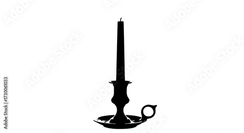 Vector art of silhouette of a candle in a candlestick, evoking a sense of warmth, nostalgia, and tranquility, with a focus on light and shadow interplay