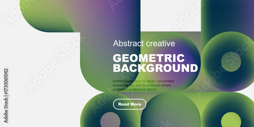 Abstract geometric shapes, vibrant colors, modern design. Text includes geometric background, plus sample text, button. Minimalist aesthetic.