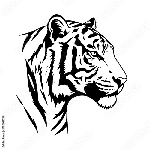 Vector art of a majestic black and white tiger head illustration, , displaying its powerful gaze, intricate stripes, and the raw beauty of this apex predator