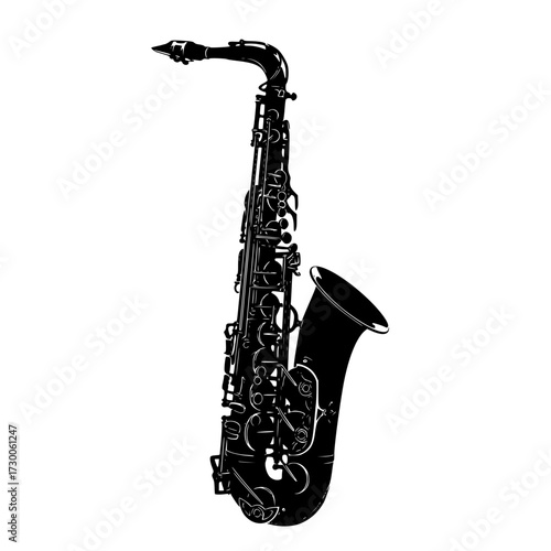Vector art of detailed illustration of a saxophone, , showcasing its elegant curves and intricate keywork, a symbol of jazz music and artistic expression