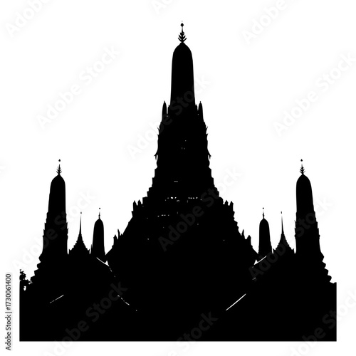 Vector art of silhouette of wat arun ratchawararam ratchawaramahawihan, showcasing the iconic temples intricate architecture and cultural significance in thailand
